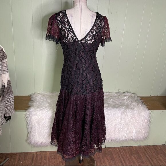 Vtg Black Lace Sequins Basque Drop Waist Flutter Sleeves Dress‎ Whimsigoth 10 - Picture 3 of 9
